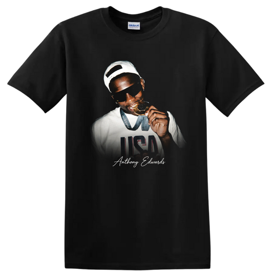 Anthony Edwards Team USA medal portrait with USA jersey graphic and signature on a Black T Shirt