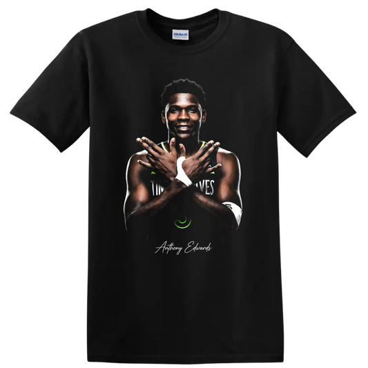 Anthony Edwards crossed-arms basketball portrait with Minnesota Timberwolves accents on a Black T Shirt