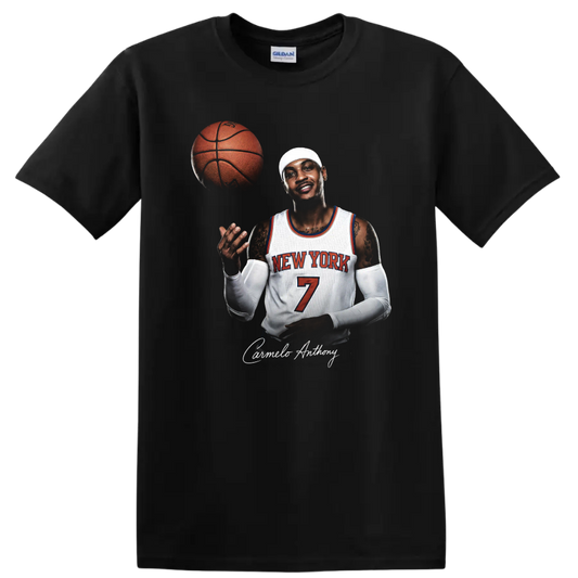 Carmelo Anthony New York Knicks number 7 basketball portrait with floating ball on a Black T Shirt