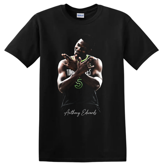 Anthony Edwards Minnesota Timberwolves crossed-arm basketball portrait with signature on a Black T Shirt