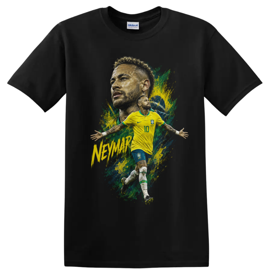 Neymar Brazil soccer player action graphic print on a Black T Shirt
