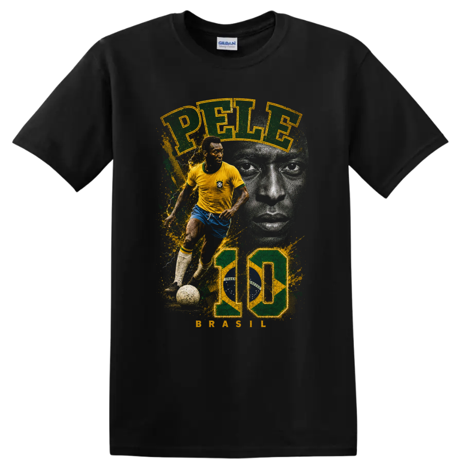 Pelé Brazil soccer graphic print with action pose and grayscale portrait on a Black T Shirt