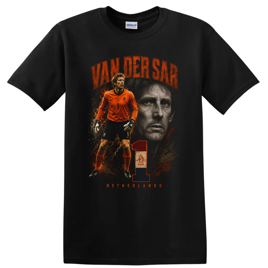 Edwin van der Sar Netherlands goalkeeper vintage soccer graphic on a Black T Shirt