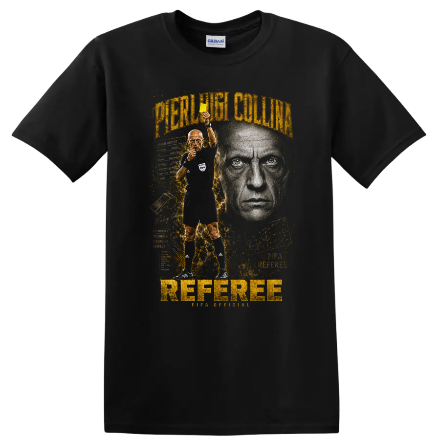 Pierluigi Collina referee portrait with yellow card and bold gold typography on a Black T Shirt