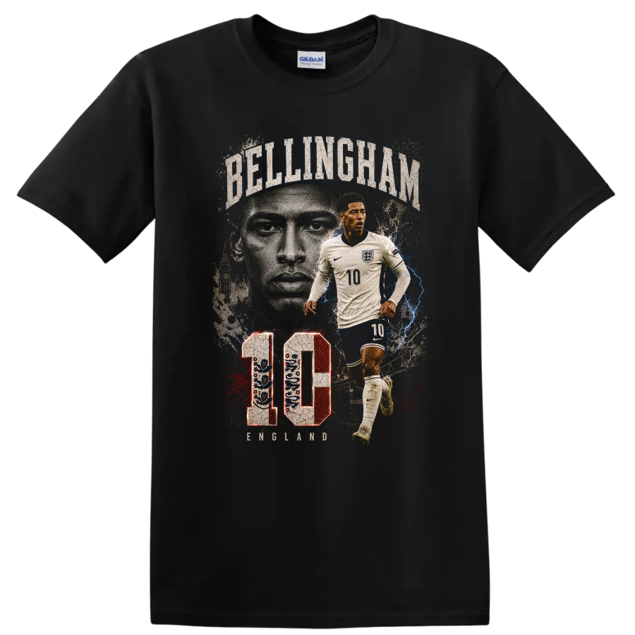 Jude Bellingham soccer action portrait with BELLINGHAM text and number 10 on a Black T Shirt