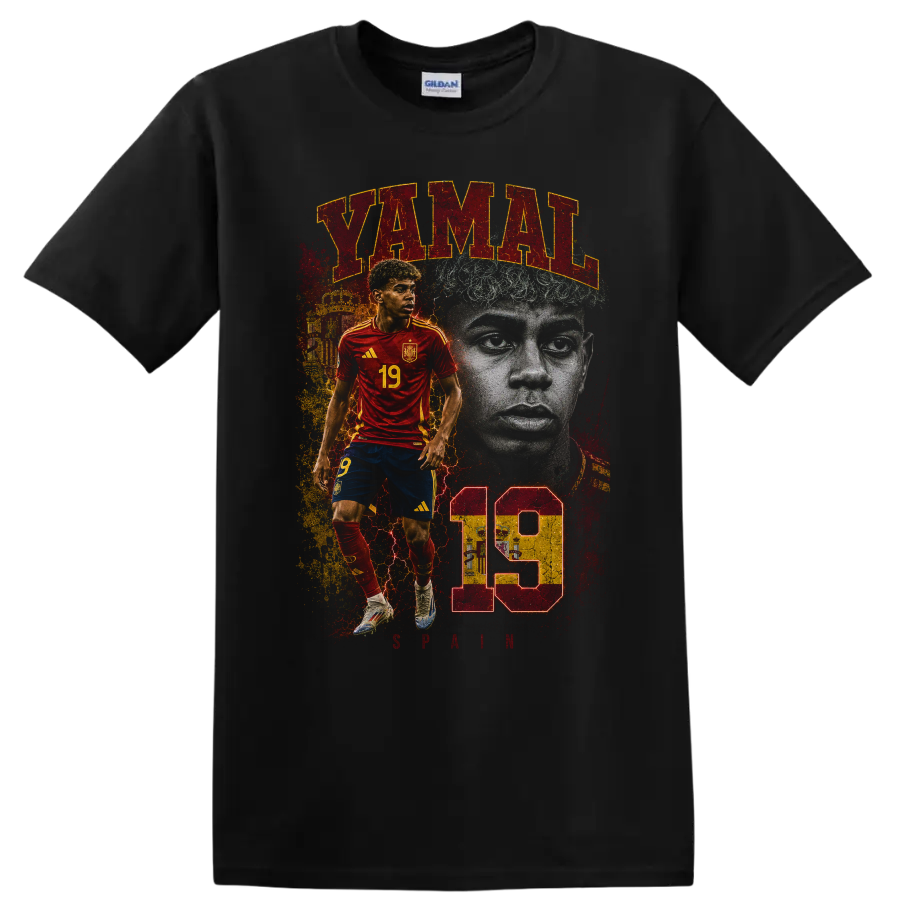 Lamine Yamal soccer portrait graphic with YAMAL and number 19 on a Black T Shirt