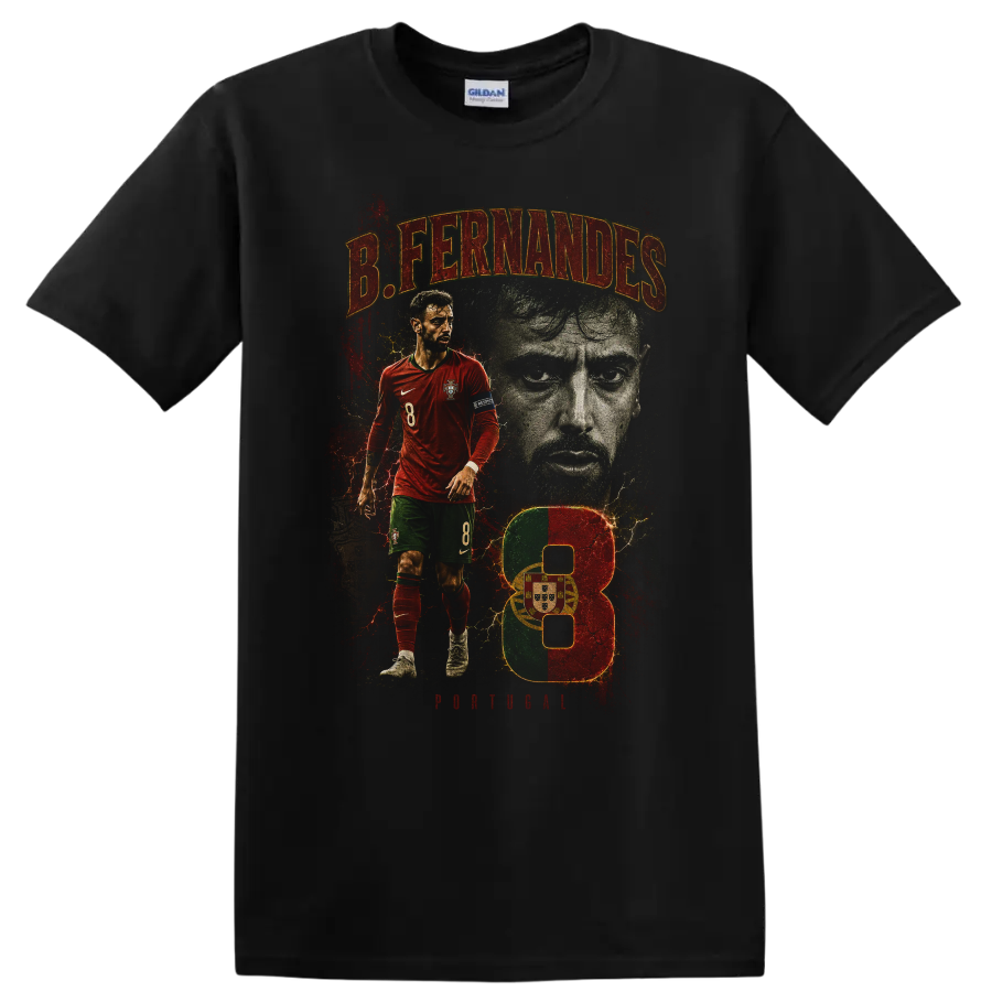 Bruno Fernandes Portugal soccer action portrait with number 8 graphic on a Black T Shirt