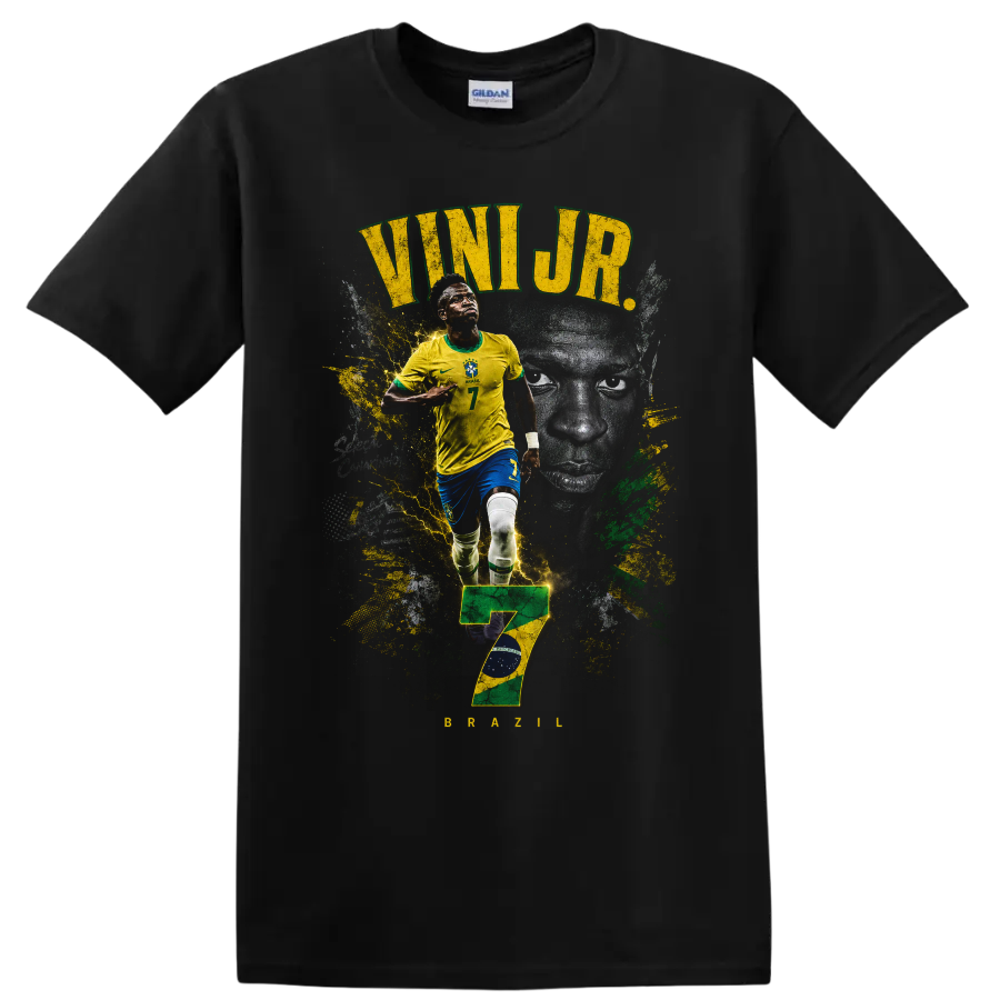 Vinícius Júnior Brazil soccer graphic with VINI JR. text and number 7 on a Black T Shirt