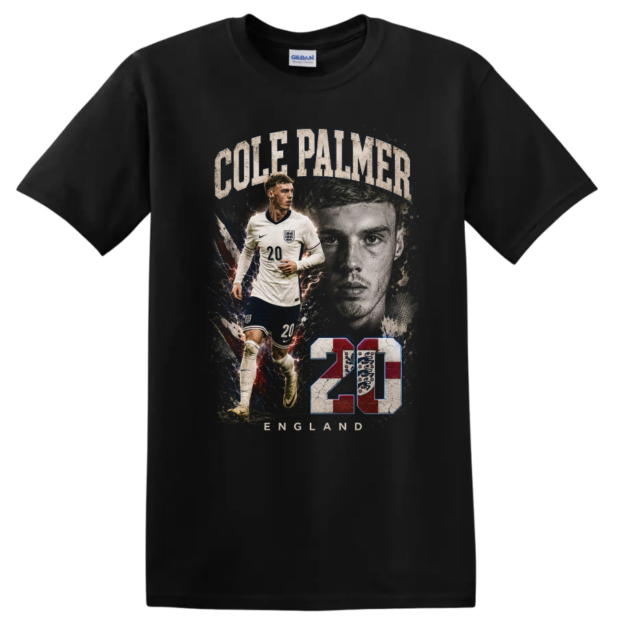 Cole Palmer England soccer Graphic print with number 20 and portrait on a Black T Shirt