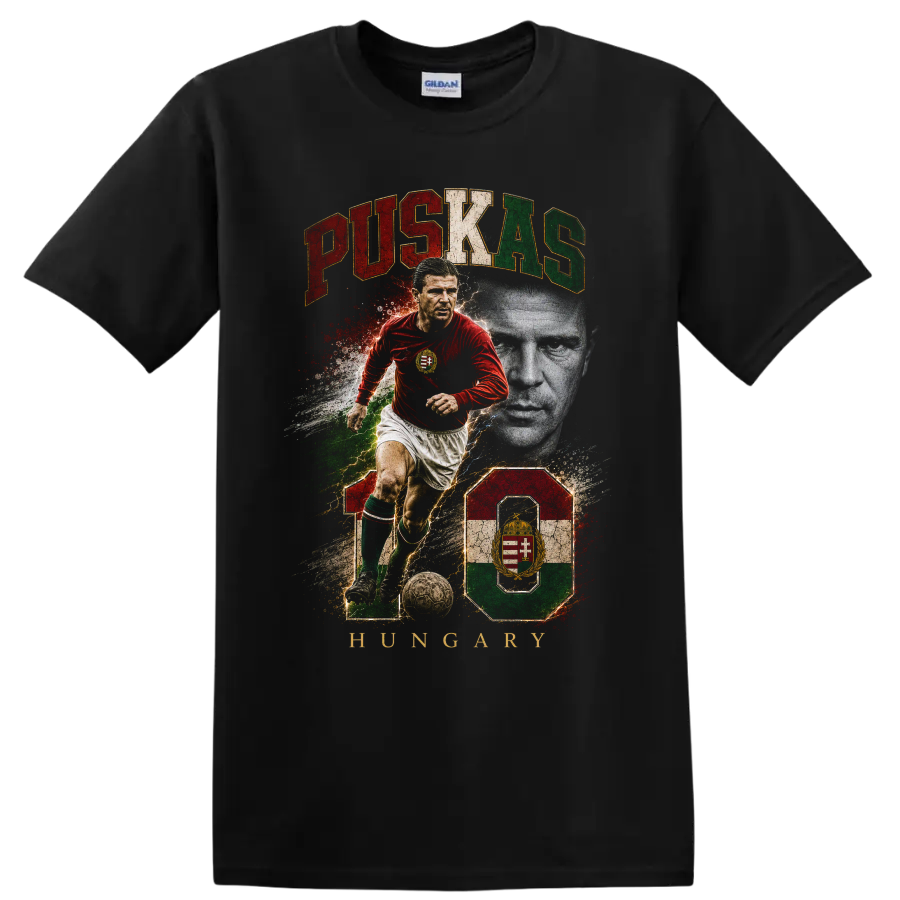Ferenc Puskás Hungary soccer graphic with portrait, action pose, and number 10 on a Black T Shirt