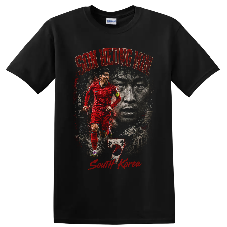 Son Heung-min South Korea distressed soccer graphic with portrait and flag on a Black T Shirt