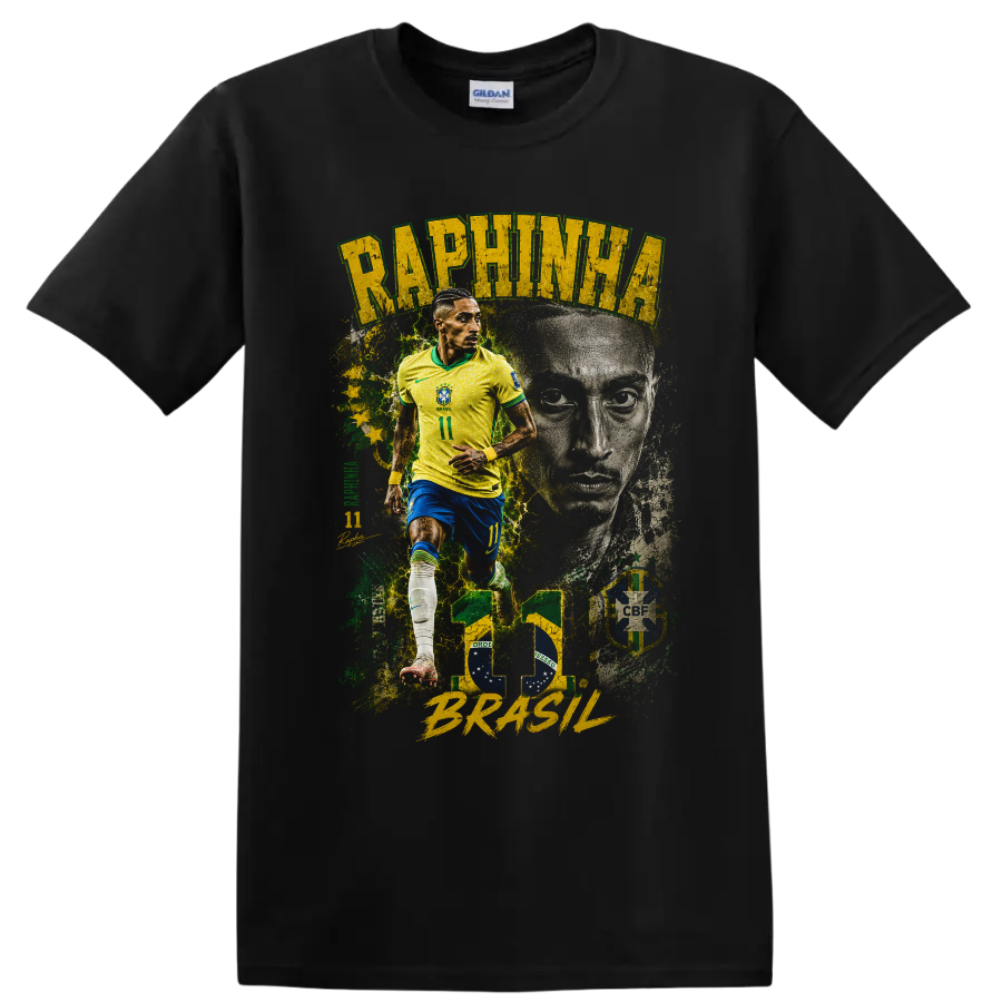 Raphinha Brazil soccer collage with action pose and portrait on a Black T Shirt