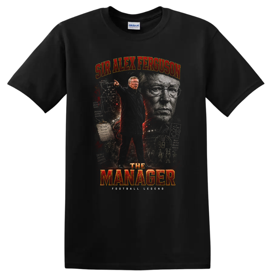 Sir Alex Ferguson Manchester United manager graphic with red and gold lettering on a Black T Shirt