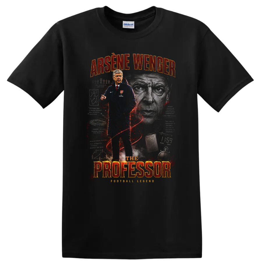 Arsene Wenger The Professor vintage soccer coach graphic print on a Black T Shirt