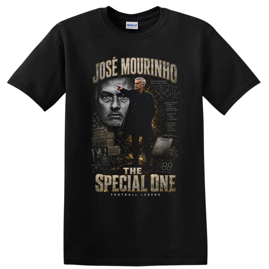 José Mourinho Real Madrid soccer coach portrait with The Special One text on a Black T Shirt