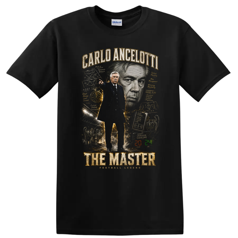 Carlo Ancelotti The Master soccer coach portrait graphic print on a Black T Shirt