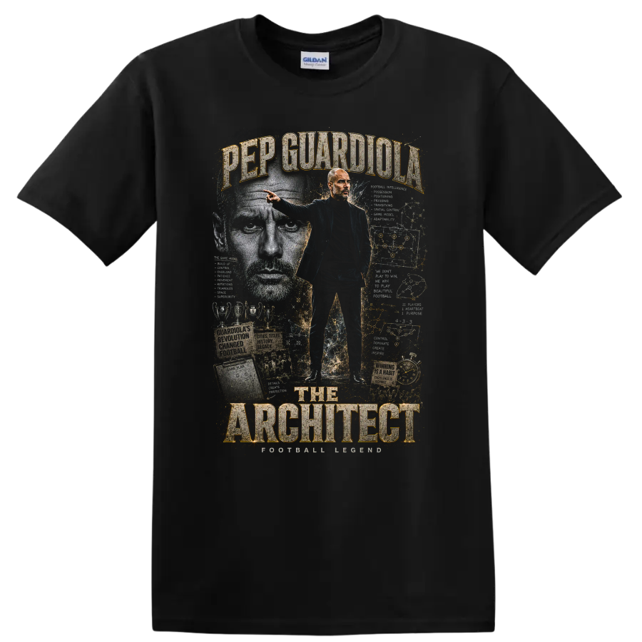 Pep Guardiola Manchester City tactical collage with The Architect text on a Black T Shirt