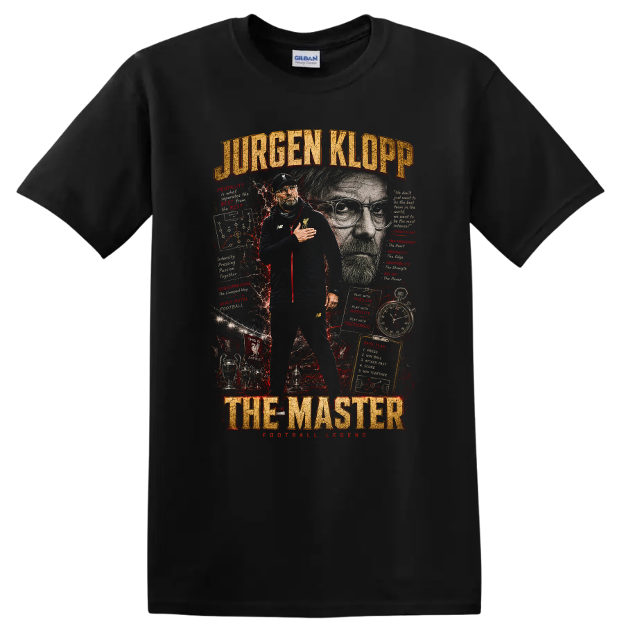 Jürgen Klopp Liverpool FC soccer coach collage with The Master text on a Black T Shirt