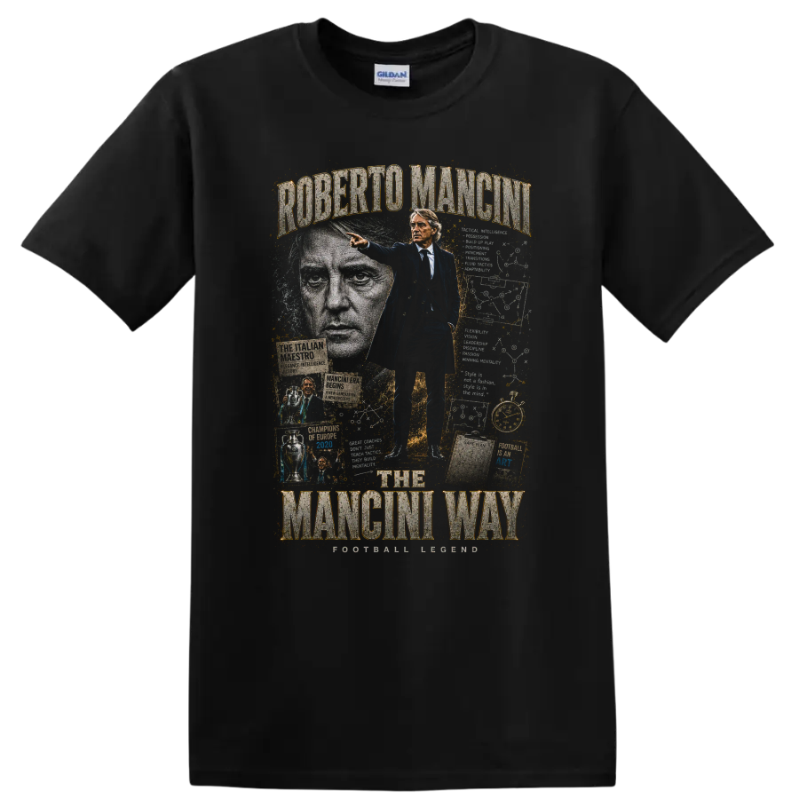 Roberto Mancini Italy soccer coach collage with The Mancini Way text on a Black T Shirt