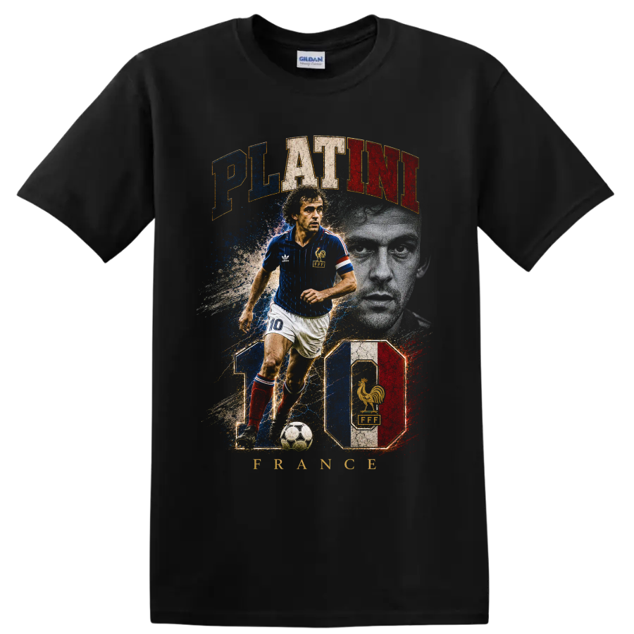 Michel Platini France soccer player vintage graphic with PLATINI text on a Black T Shirt