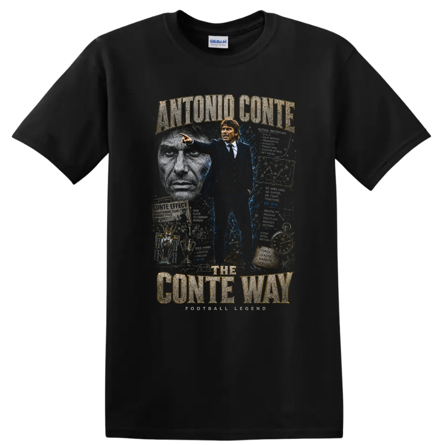 Antonio Conte The Conte Way soccer coach collage graphic print on a Black T Shirt