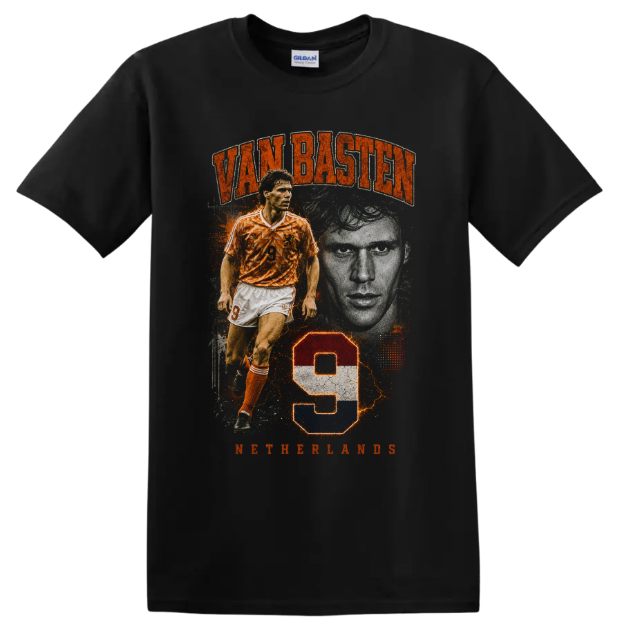 Marco van Basten Netherlands number 9 distressed soccer portrait design on a Black T Shirt