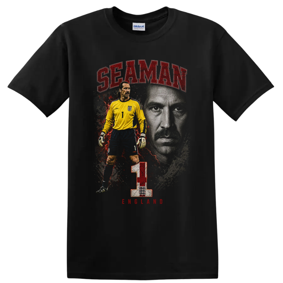 David Seaman Arsenal goalkeeper retro soccer portrait with number 1 on a Black T Shirt