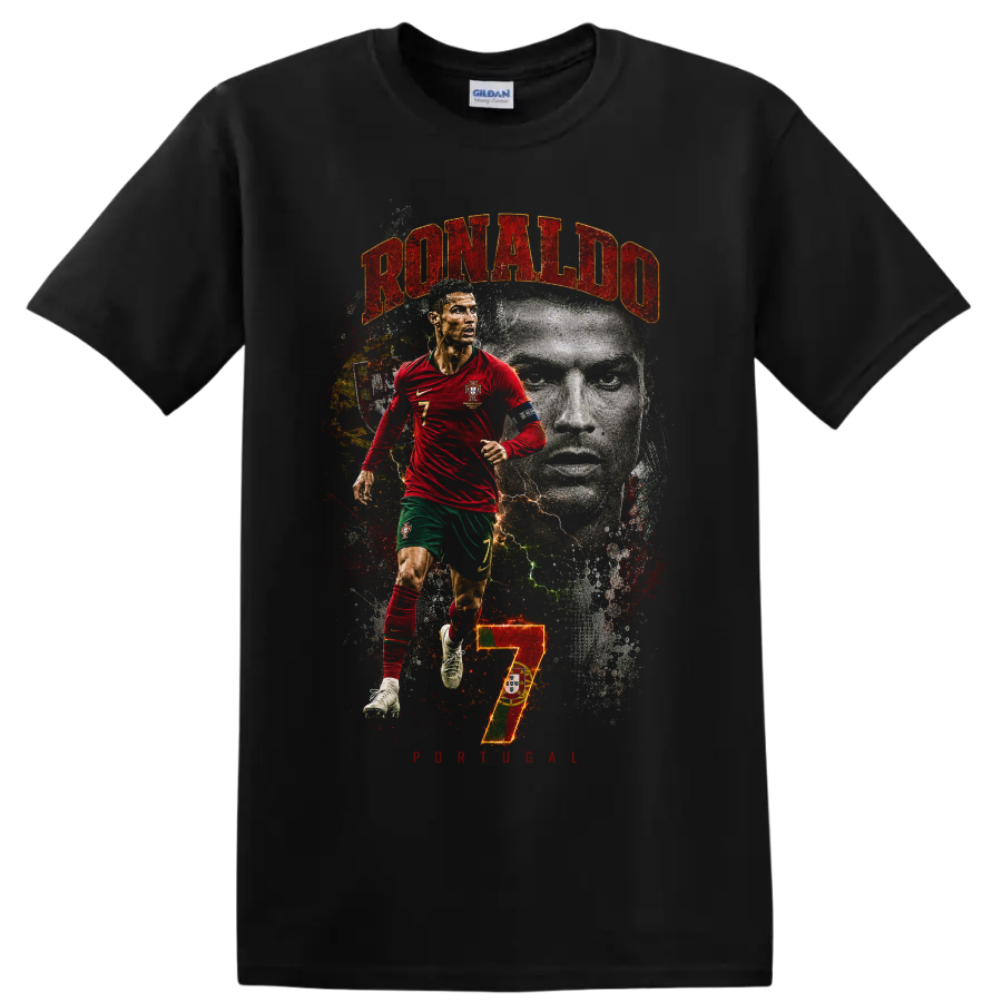 Cristiano Ronaldo Portugal soccer graphic with RONALDO and number 7 on a Black T Shirt