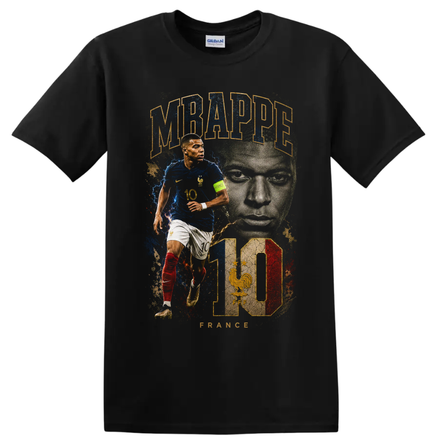 Kylian Mbappé France soccer action portrait graphic with number 10 on a Black T Shirt
