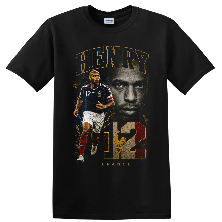 Thierry Henry France soccer tribute graphic with number 12 on a Black T Shirt