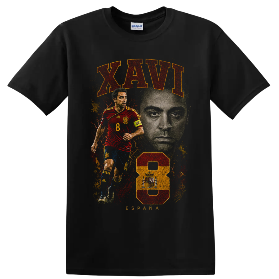 Xavi Hernández Spain soccer tribute graphic with portrait and number 8 on a Black T Shirt