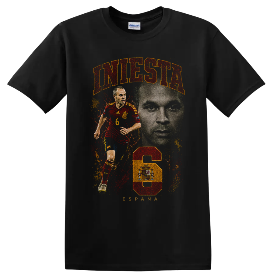 Xavi Hernández Spain soccer action portrait graphic print on a Black T Shirt