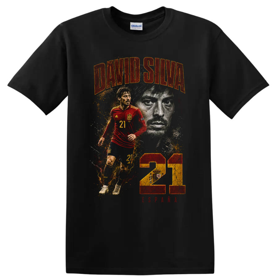 David Silva Spain soccer portrait and action graphic with number 21 on a Black T Shirt