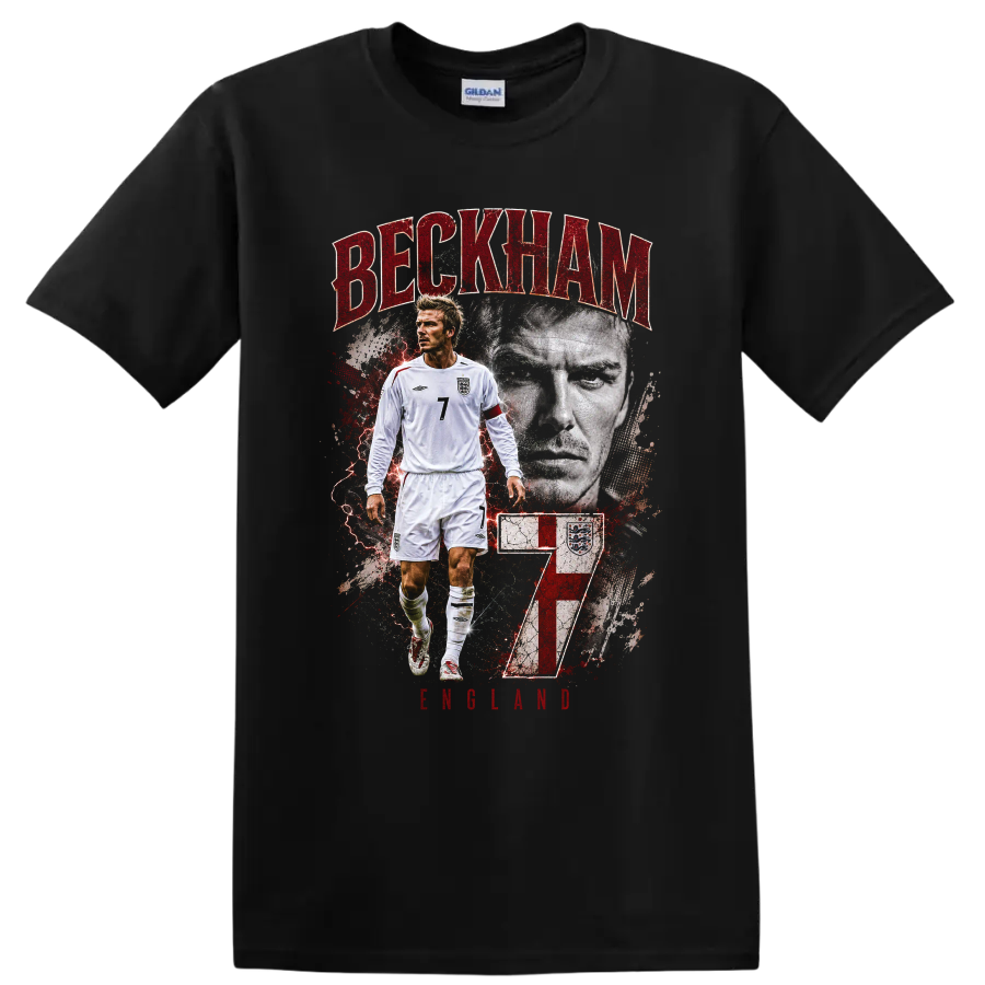 David Beckham England number 7 soccer portrait graphic on a Black T Shirt
