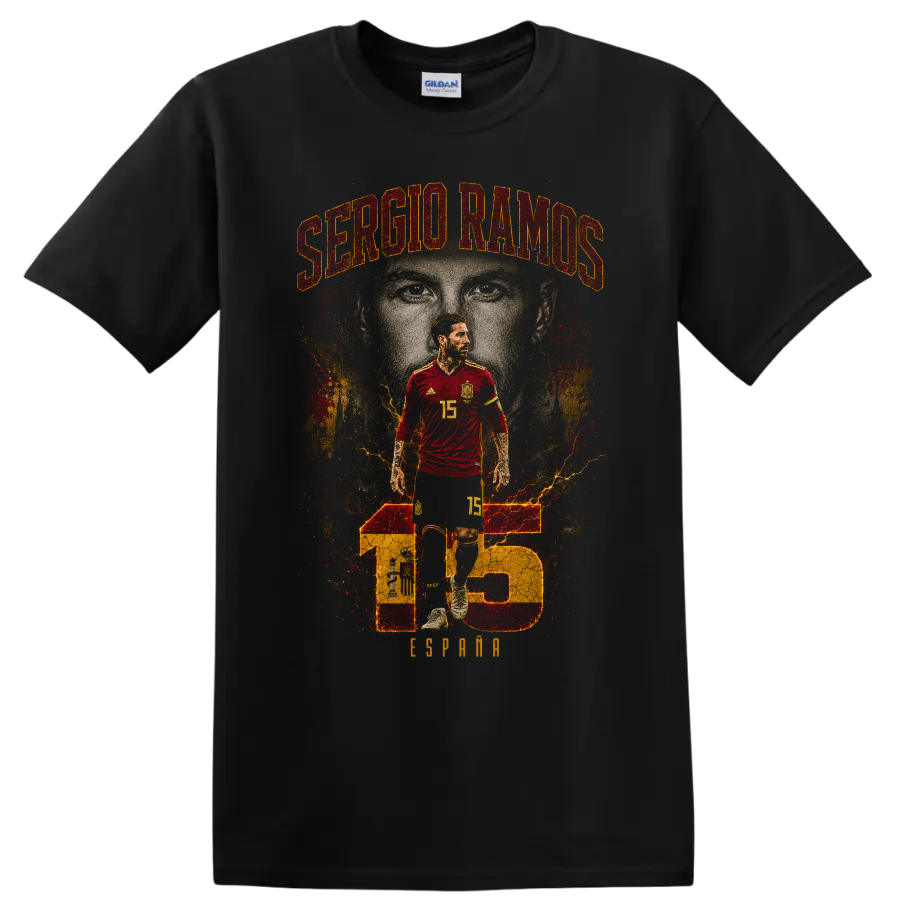 Sergio Ramos Spain soccer portrait with name and number 15 graphic on a Black T Shirt