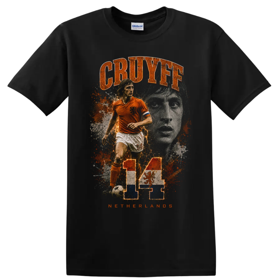 Johan Cruyff Netherlands soccer collage with CRUYFF and number 14 on a Black T Shirt