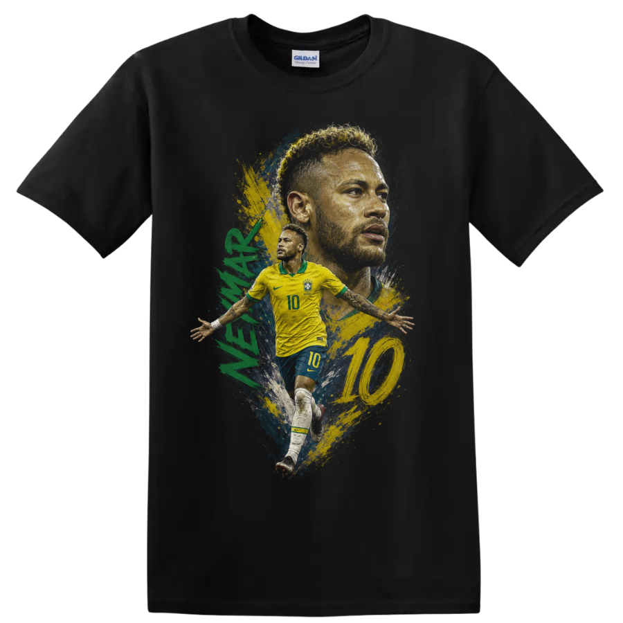 Neymar Brazil soccer player number 10 portrait and action graphic on a Black T Shirt