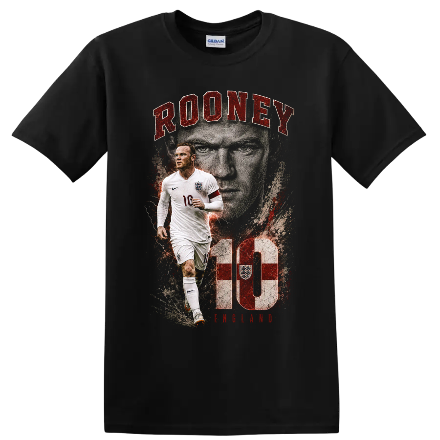 Wayne Rooney England soccer graphic with portrait and number 10 on a Black T Shirt