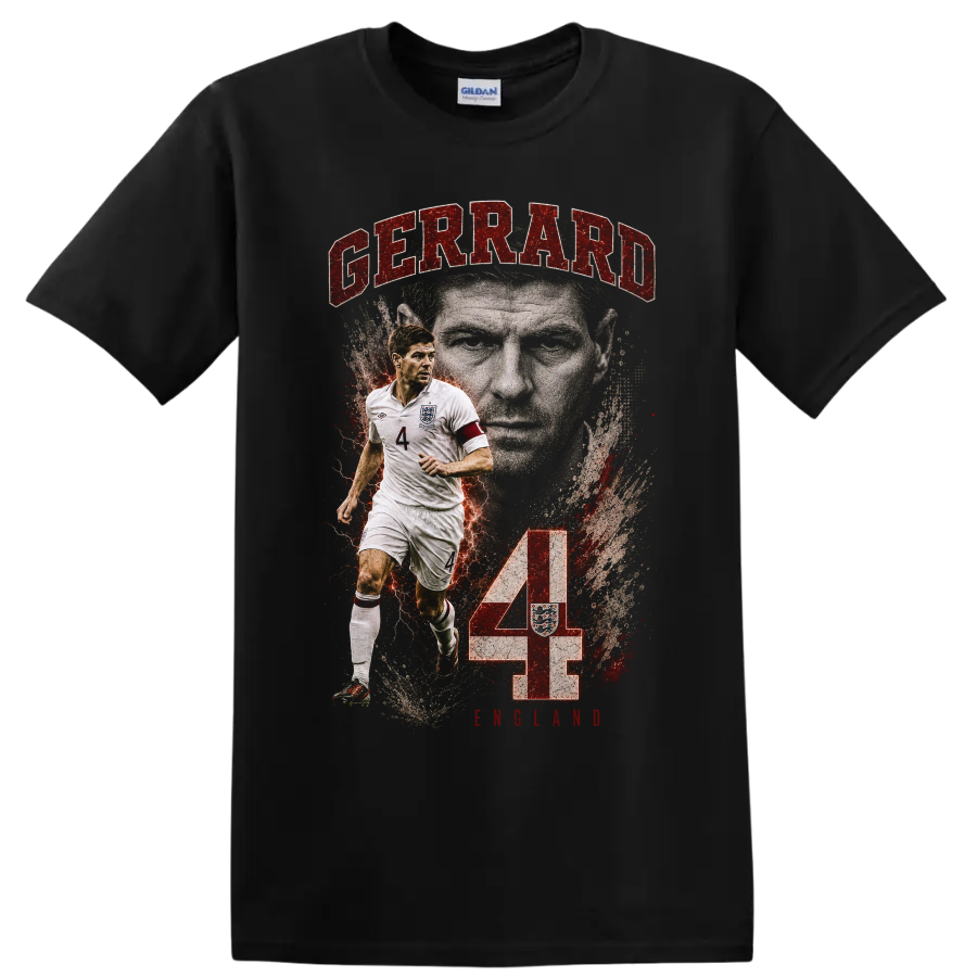 Steven Gerrard England number 4 soccer tribute graphic with captain portrait on a Black T Shirt