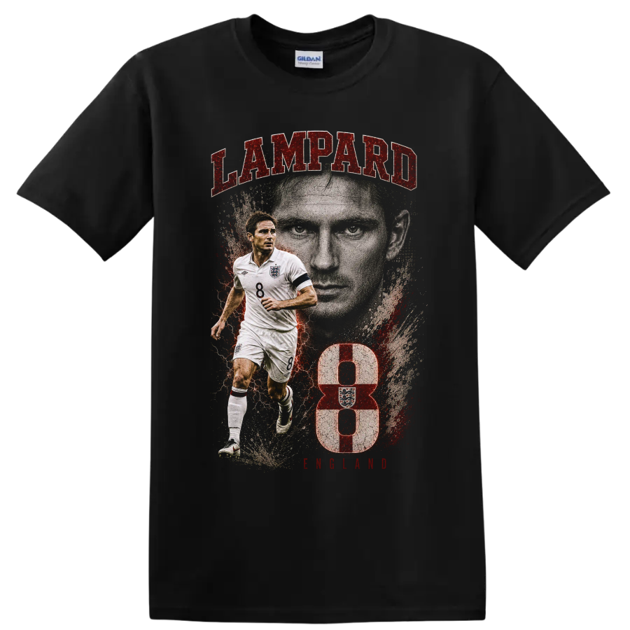 Frank Lampard England soccer portrait graphic with LAMPARD text and number 8 on a Black T Shirt