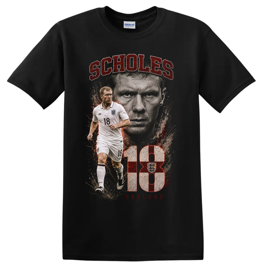 Paul Scholes England soccer portrait graphic with SCHOLES text on a Black T Shirt