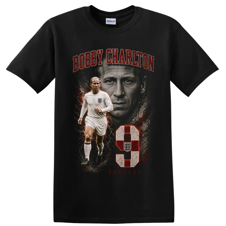 Bobby Charlton vintage soccer portrait graphic with England kit and number 9 on a Black T Shirt