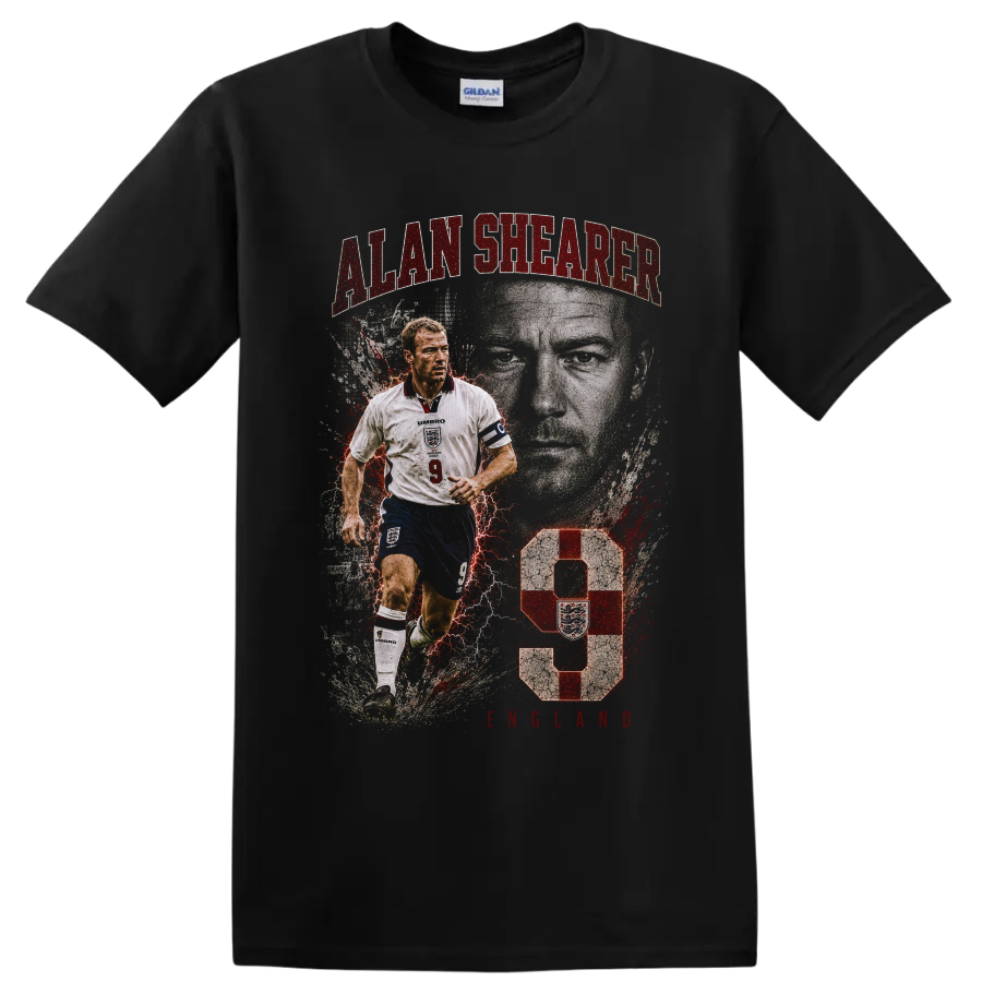 Alan Shearer England number 9 distressed soccer action portrait graphic on a Black T Shirt