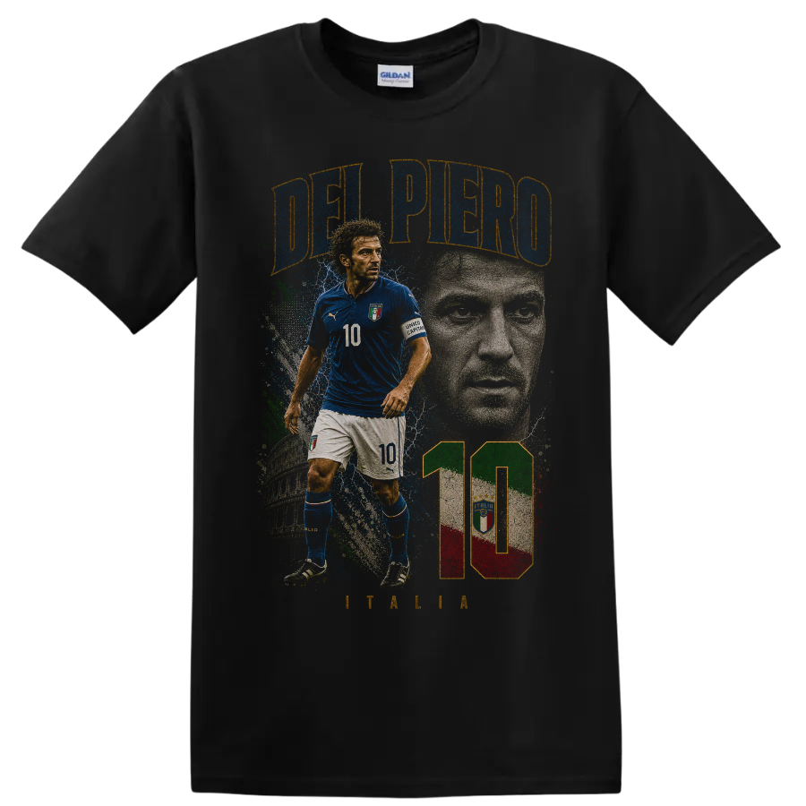 Alessandro Del Piero Italy soccer graphic with DEL PIERO and number 10 on a Black T Shirt