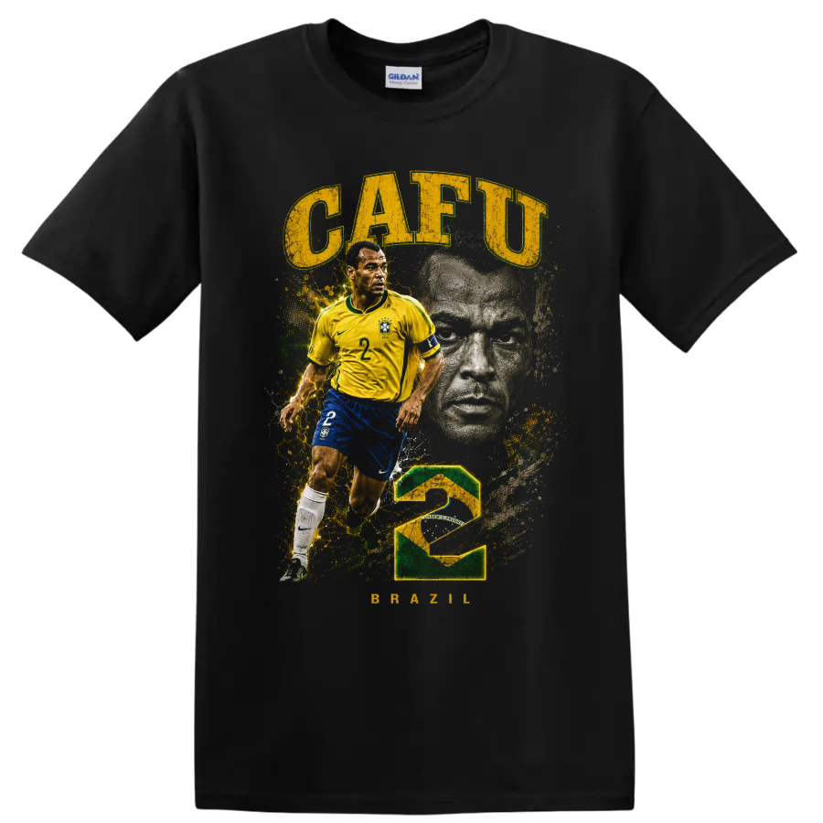 Cafu Brazil soccer player retro graphic with CAFU text and number 2 on a Black T Shirt