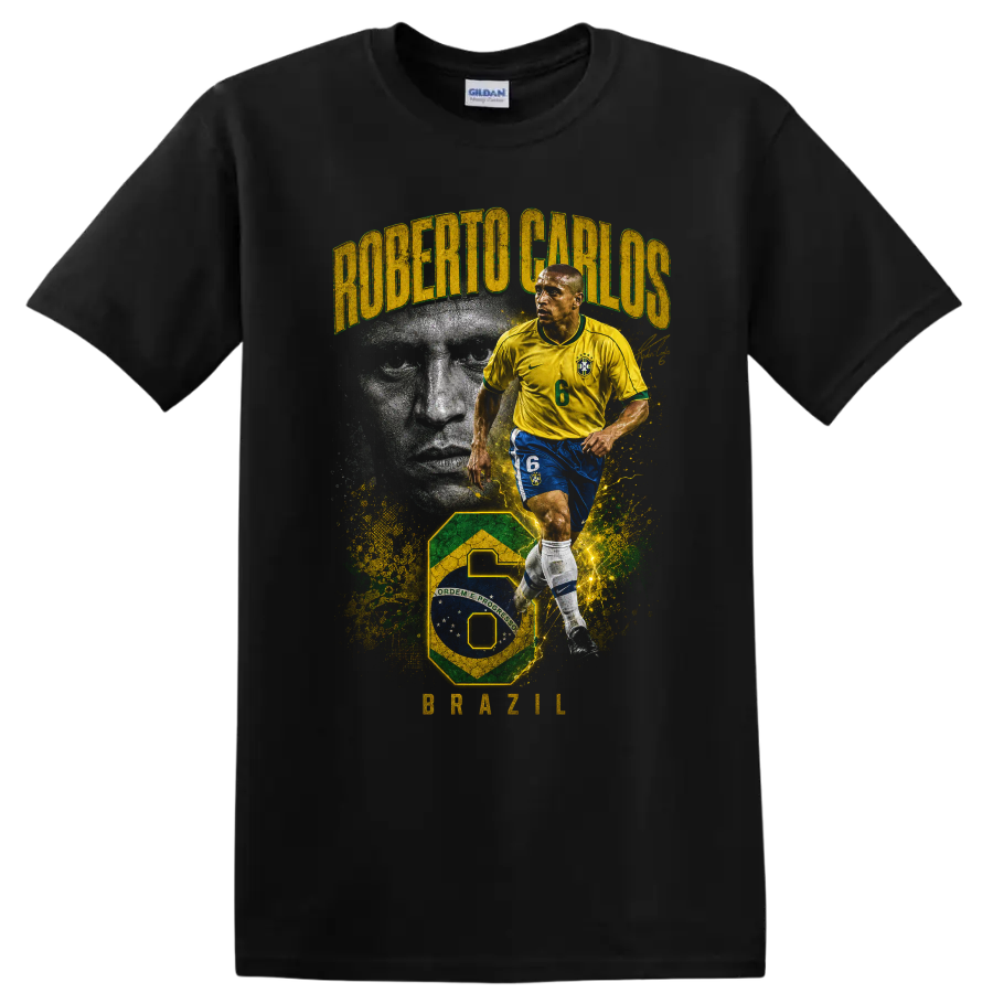 Roberto Carlos Brazil soccer action portrait with ROBERTO CARLOS and BRAZIL text on a Black T Shirt