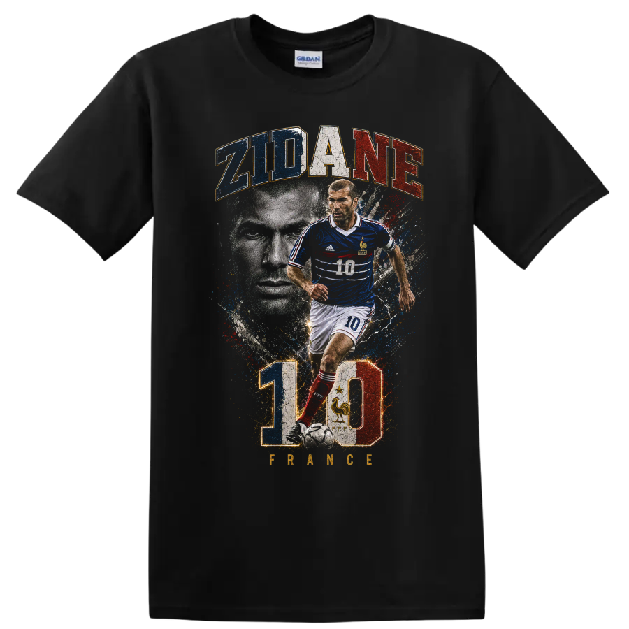 Zinedine Zidane France number 10 distressed soccer graphic on a Black T Shirt
