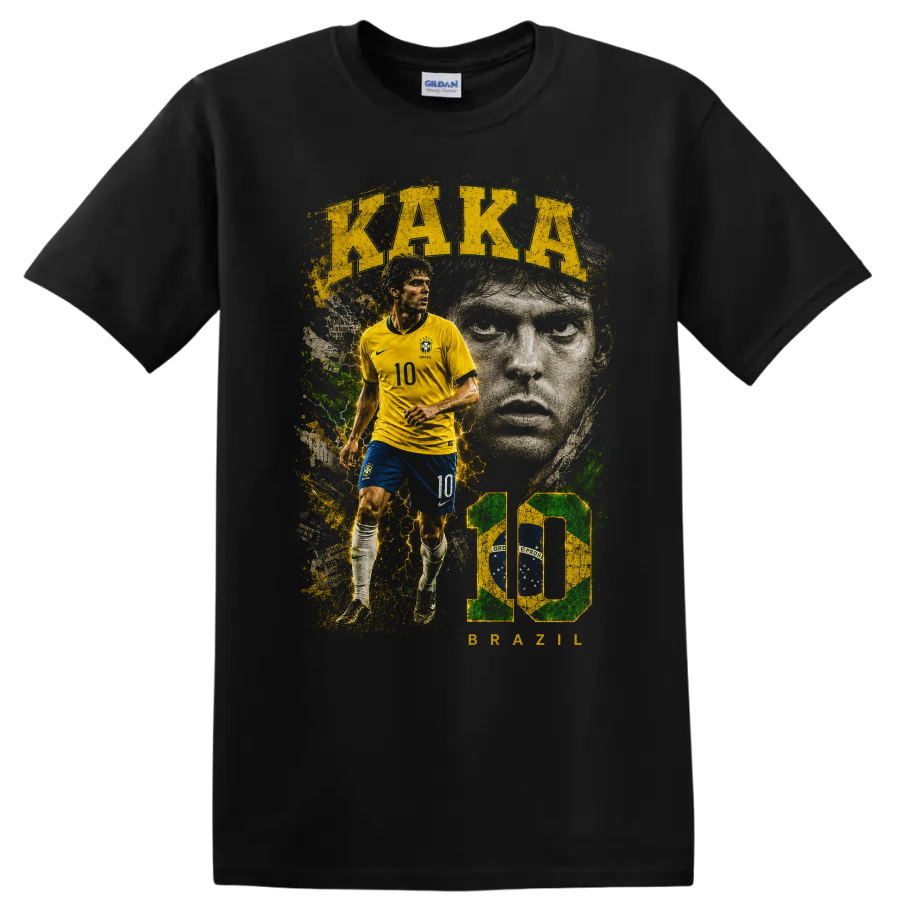 Kaká Brazil soccer graphic with action pose, portrait, and KAKA BRAZIL text on a Black T Shirt