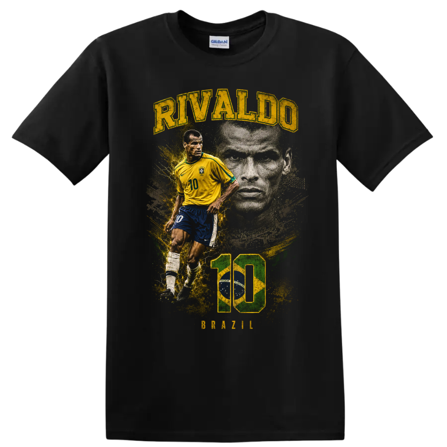 Rivaldo Brazil soccer graphic with number 10, action pose, and portrait on a Black T Shirt