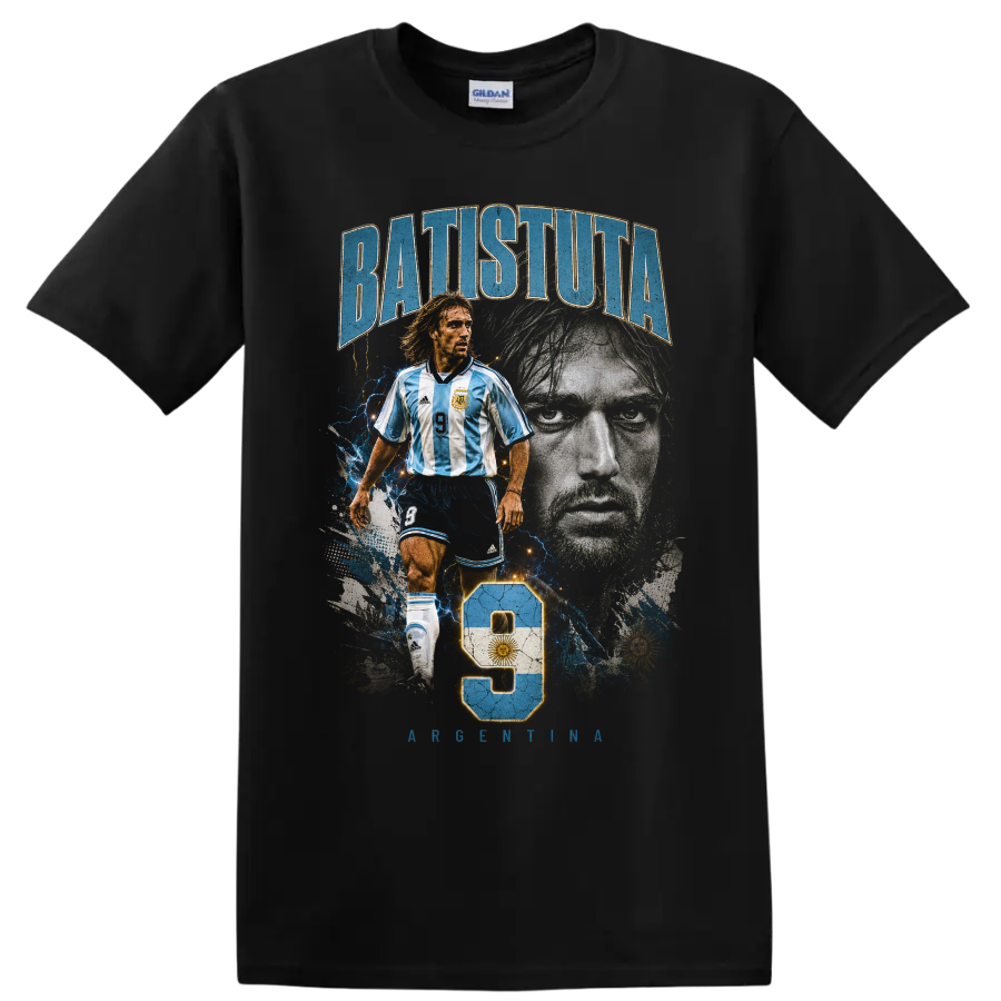 Gabriel Batistuta Argentina soccer portrait graphic with number 9 on a Black T Shirt